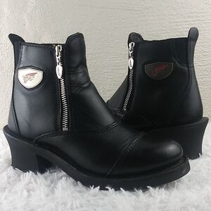 Red Wing Black Leather Round Toe Side  Zipper Mid Blocked Heel Moto Ankle Boot